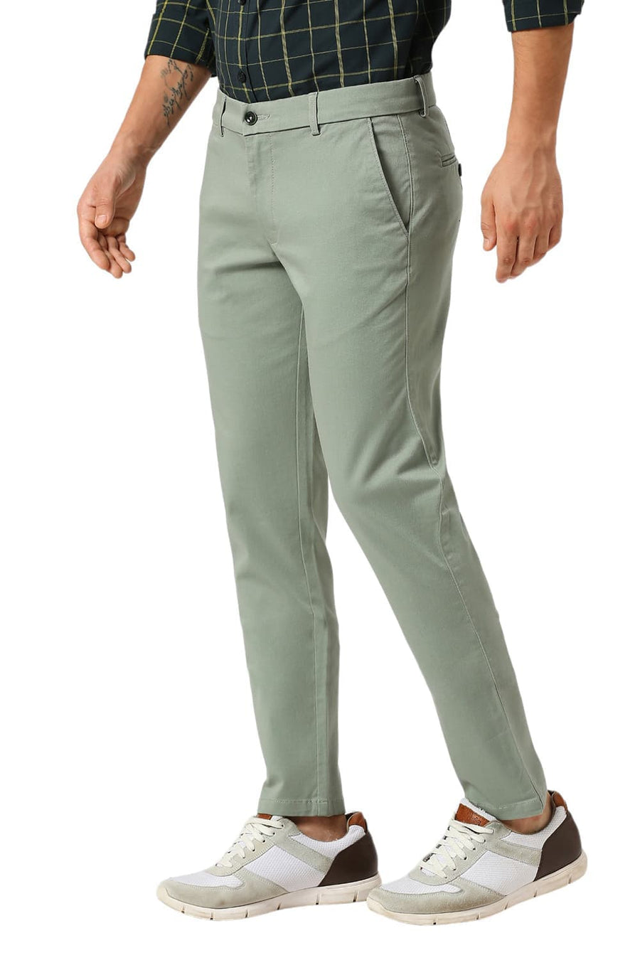 BASICS TAPERED FIT SEA GREEN COTTON STRETCH DOBBY TROUSERS