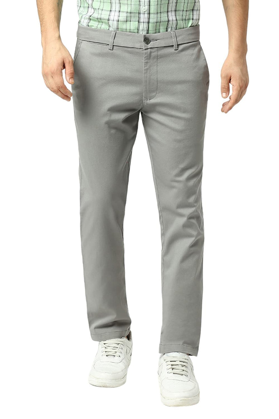 BASICS TAPERED FIT CHARCOAL GREY COTTON STRETCH DOBBY TROUSERS