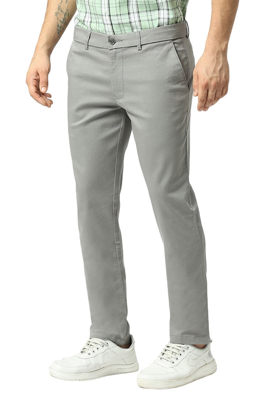 BASICS TAPERED FIT CHARCOAL GREY COTTON STRETCH DOBBY TROUSERS