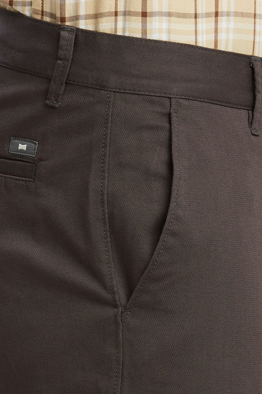 BASICS TAPERED FIT EBONY GREY COTTON STRETCH DOBBY TROUSERS