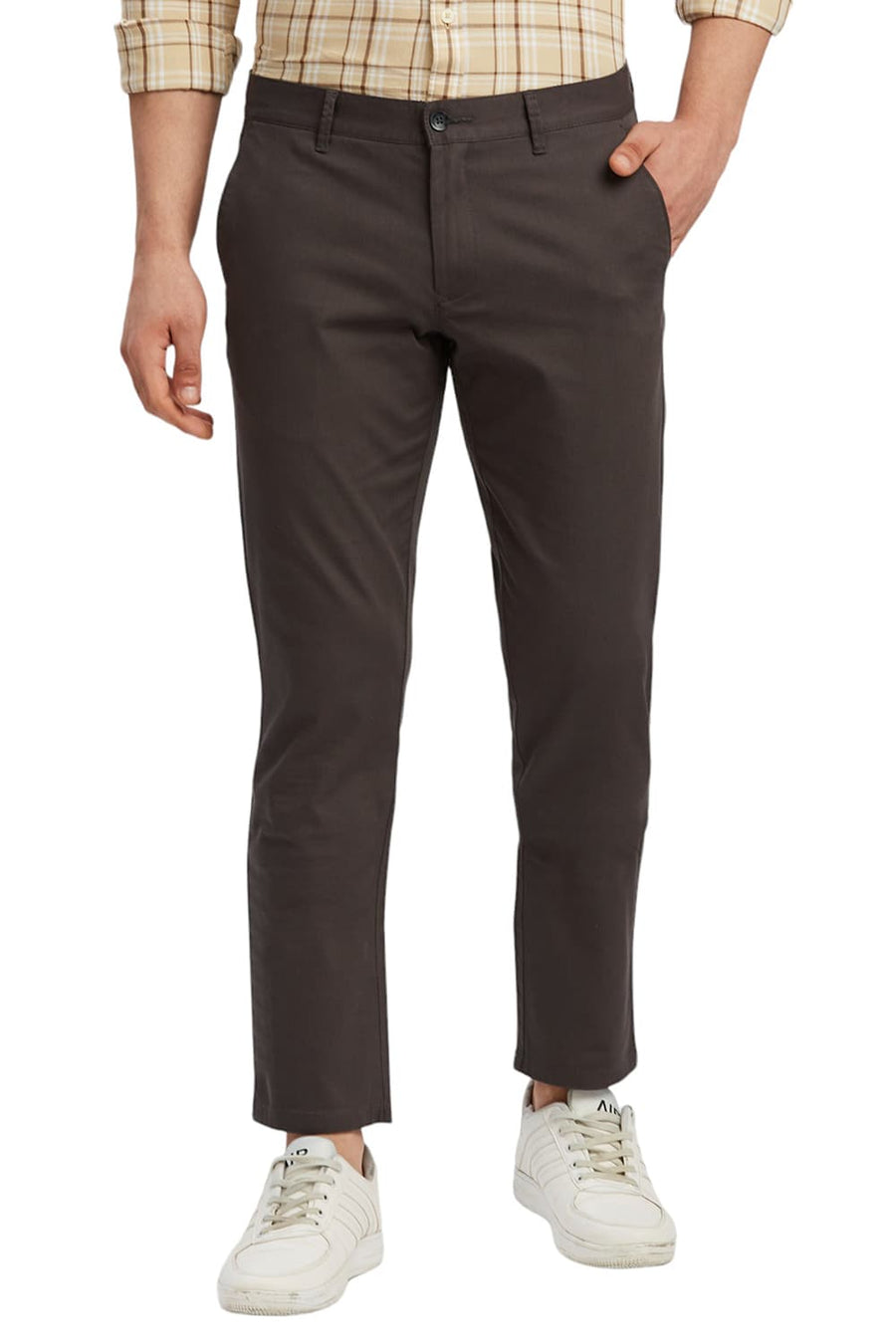 BASICS TAPERED FIT EBONY GREY COTTON STRETCH DOBBY TROUSERS