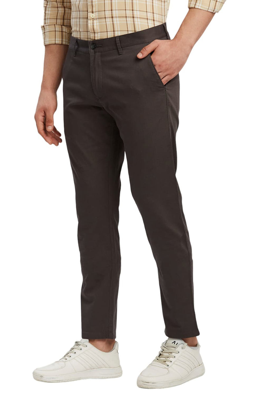 BASICS TAPERED FIT EBONY GREY COTTON STRETCH DOBBY TROUSERS