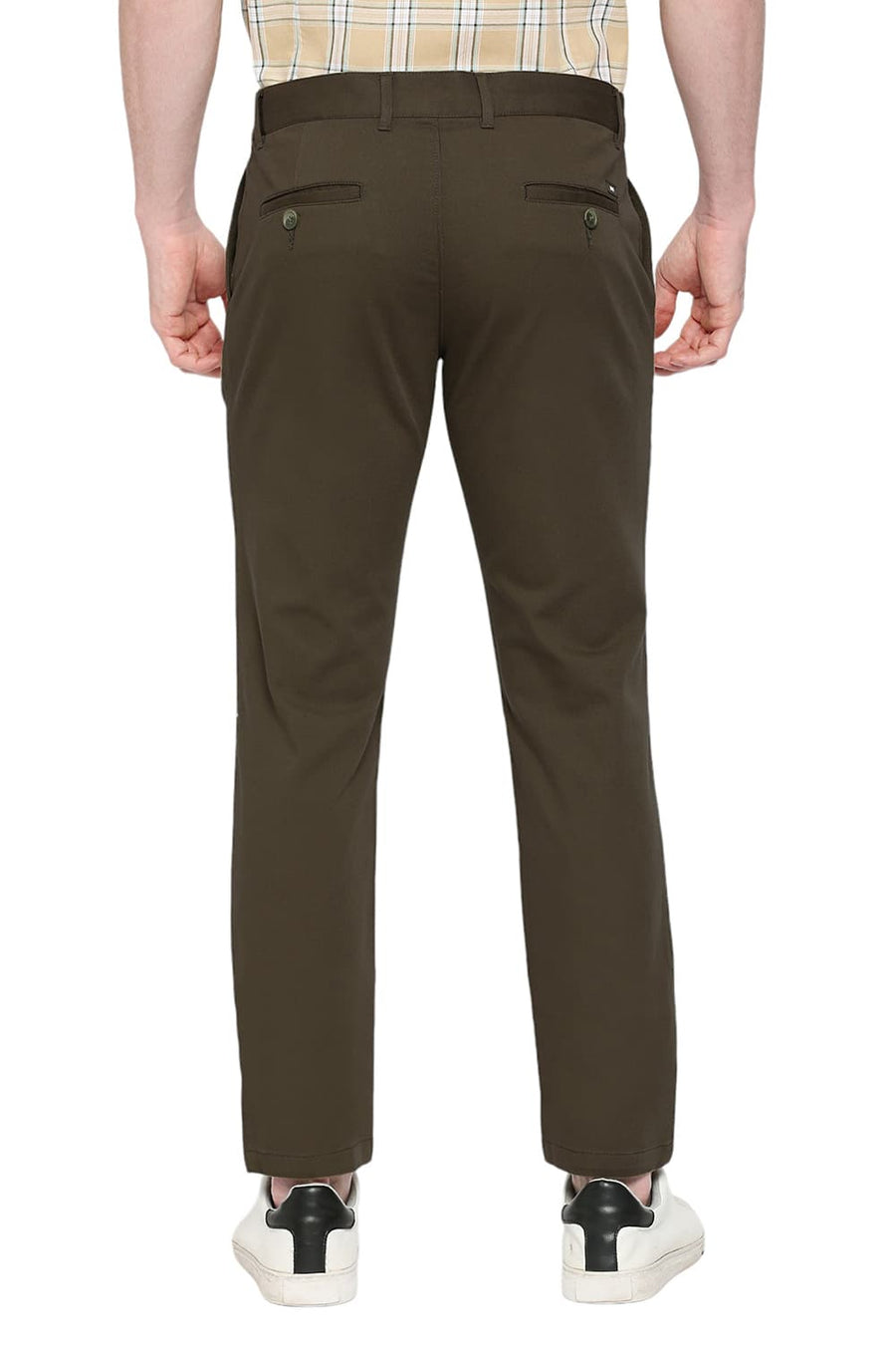 BASICS TAPERED FIT MILITARY GREEN COTTON STRETCH DOBBY TROUSERS