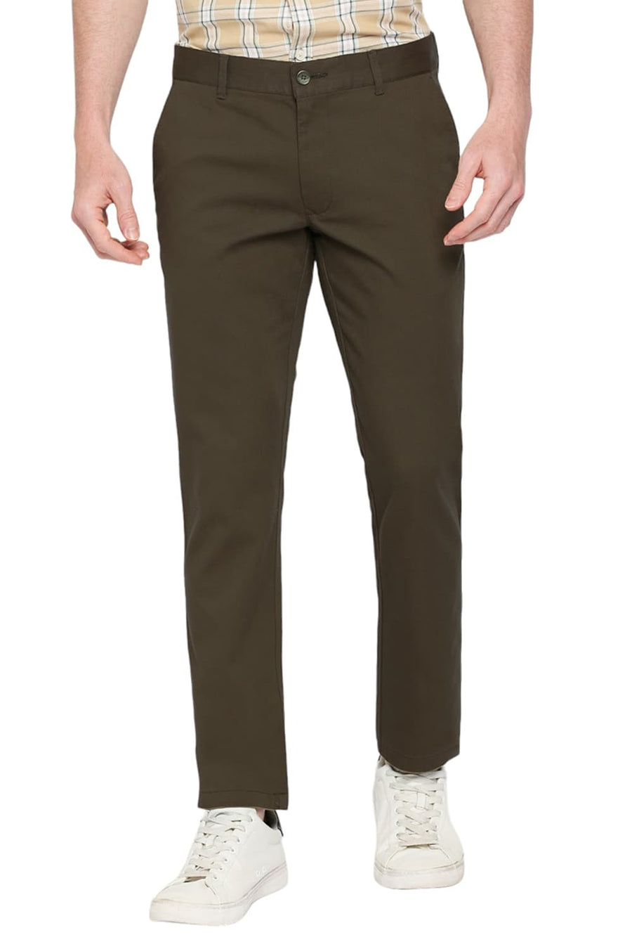 BASICS TAPERED FIT MILITARY GREEN COTTON STRETCH DOBBY TROUSERS