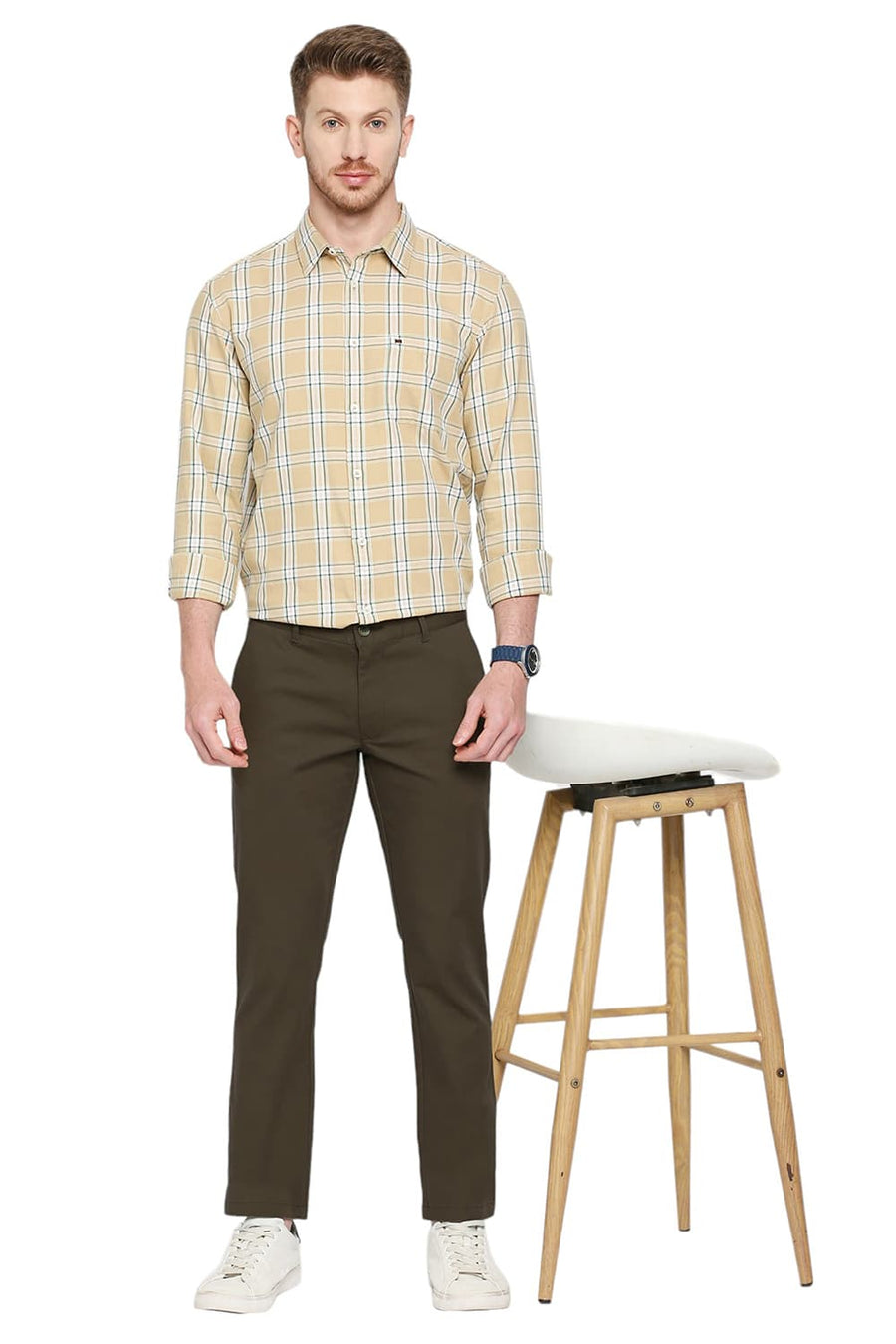 BASICS TAPERED FIT MILITARY GREEN COTTON STRETCH DOBBY TROUSERS