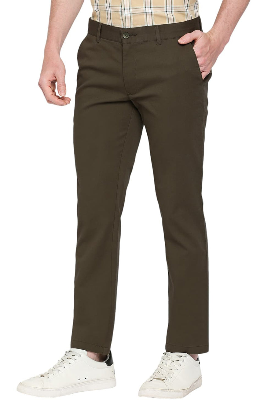BASICS TAPERED FIT MILITARY GREEN COTTON STRETCH DOBBY TROUSERS
