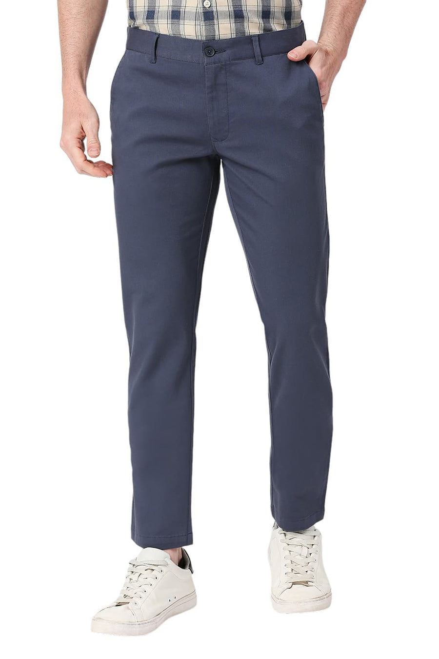 BASICS TAPERED FIT LARGO BLUE COTTON STRETCH DOBBY TROUSERS