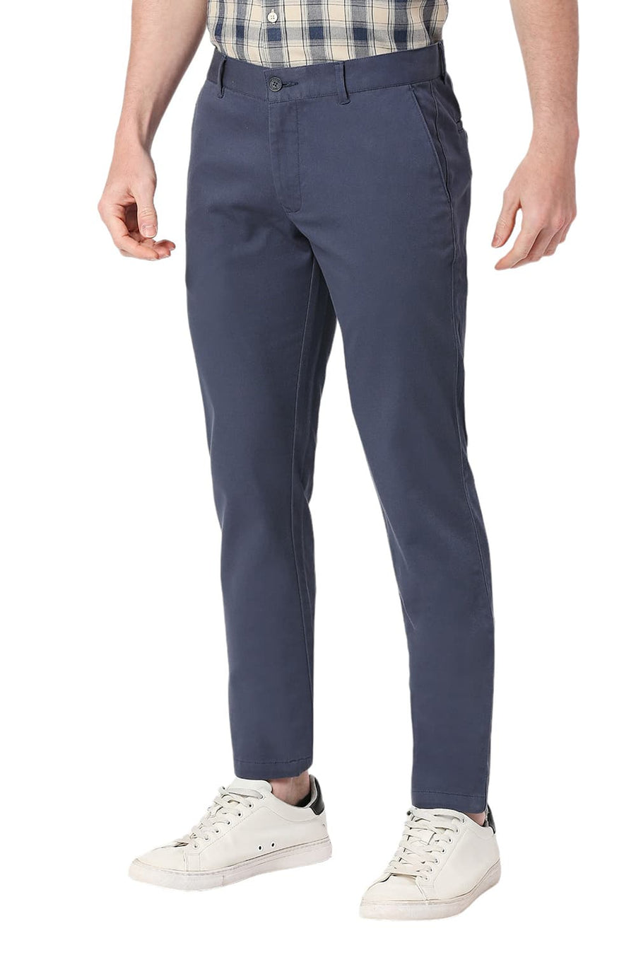 BASICS TAPERED FIT LARGO BLUE COTTON STRETCH DOBBY TROUSERS