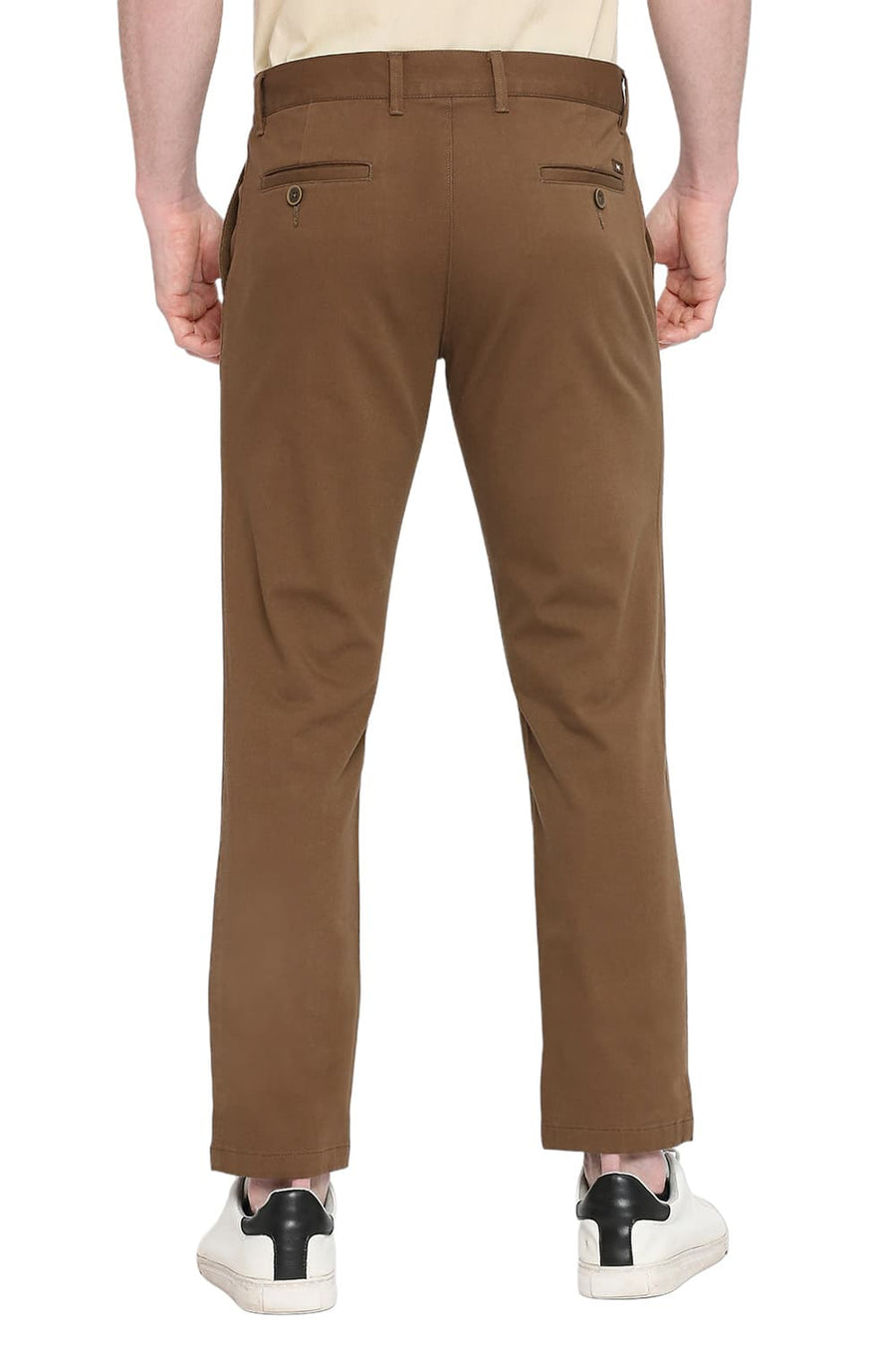 BASICS TAPERED FIT SEPIA BROWN COTTON STRETCH DOBBY TROUSERS