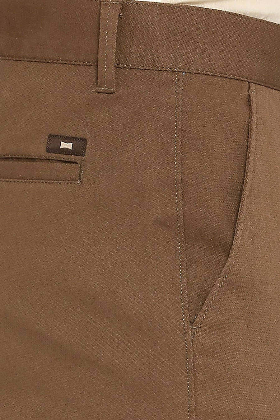 BASICS TAPERED FIT SEPIA BROWN COTTON STRETCH DOBBY TROUSERS