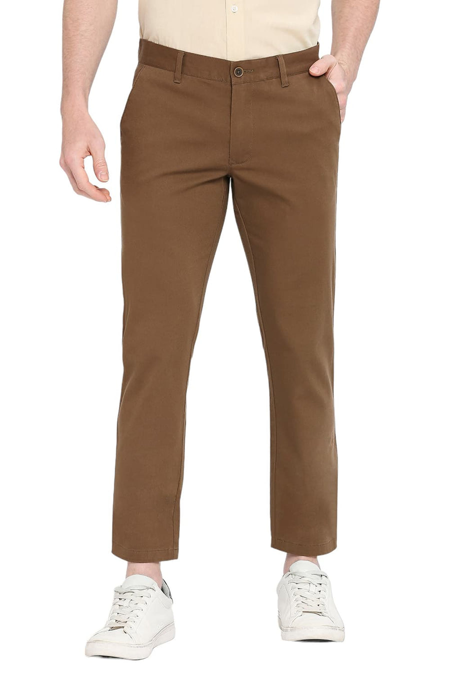 BASICS TAPERED FIT SEPIA BROWN COTTON STRETCH DOBBY TROUSERS