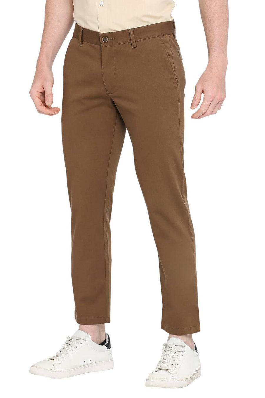 BASICS TAPERED FIT SEPIA BROWN COTTON STRETCH DOBBY TROUSERS