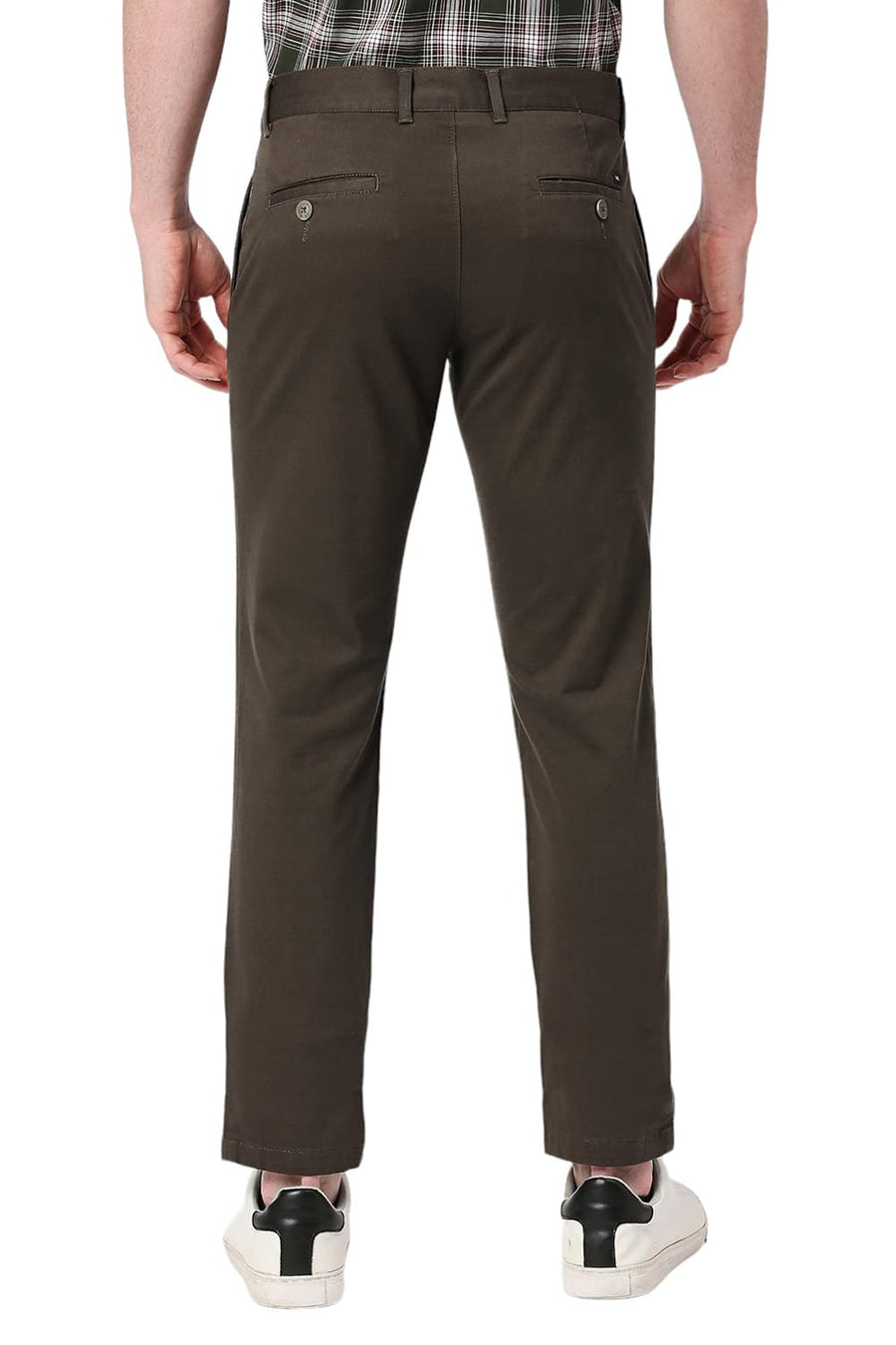 BASICS TAPERED FIT TEAK BROWN COTTON STRETCH DOBBY TROUSERS