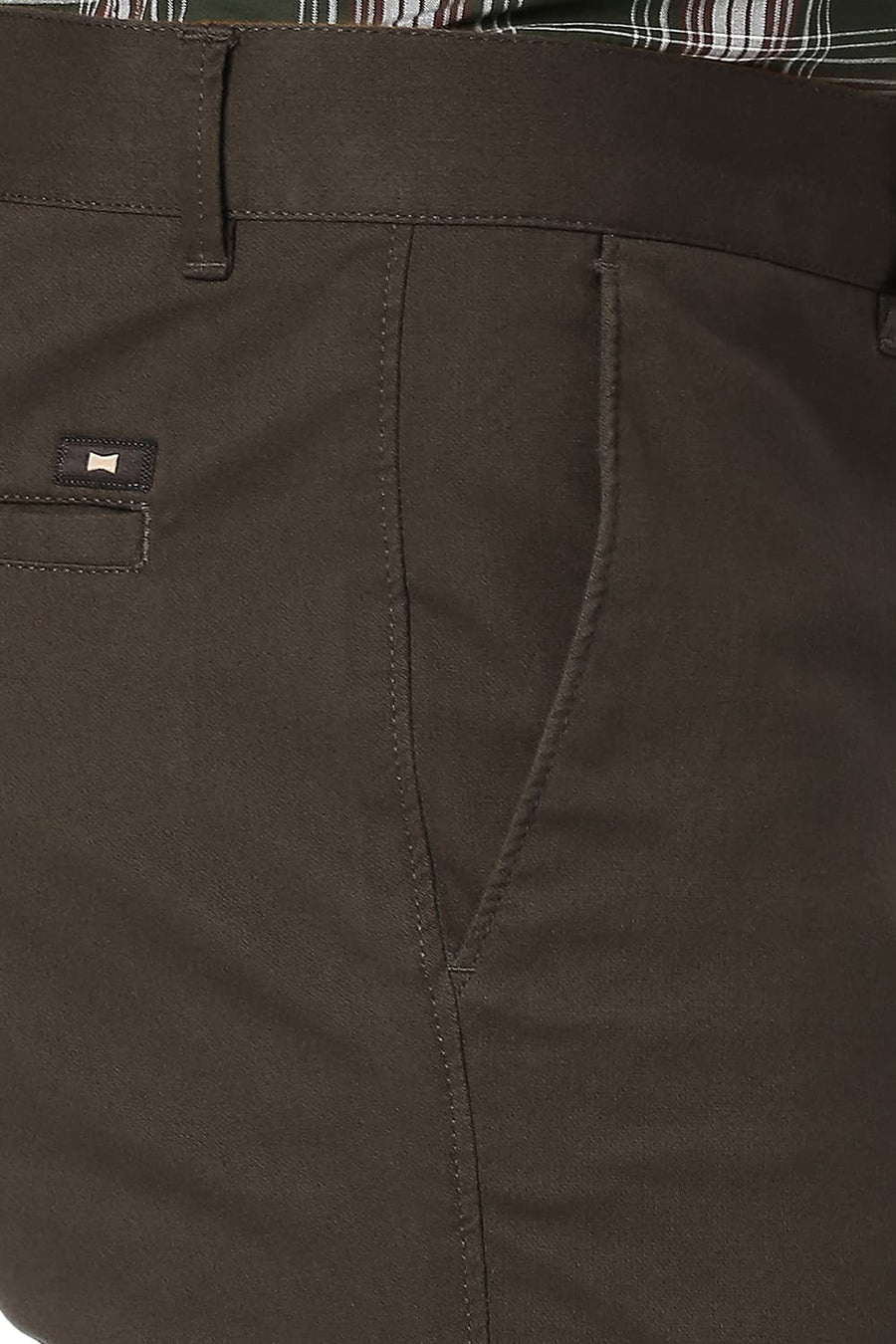 BASICS TAPERED FIT TEAK BROWN COTTON STRETCH DOBBY TROUSERS