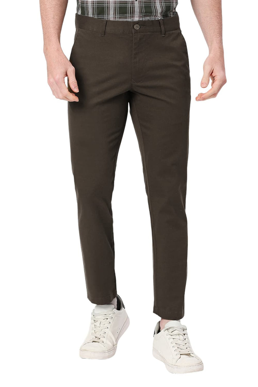 BASICS TAPERED FIT TEAK BROWN COTTON STRETCH DOBBY TROUSERS