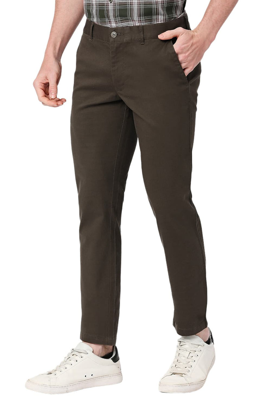 BASICS TAPERED FIT TEAK BROWN COTTON STRETCH DOBBY TROUSERS