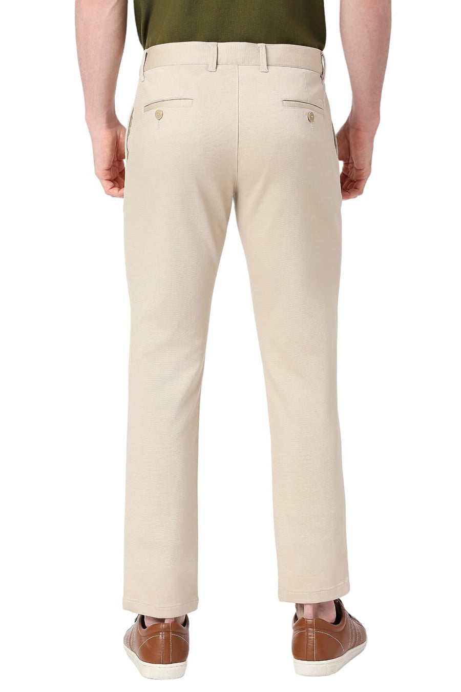 BASICS TAPERED FIT ALMOND STONE COTTON STRETCH DOBBY TROUSERS