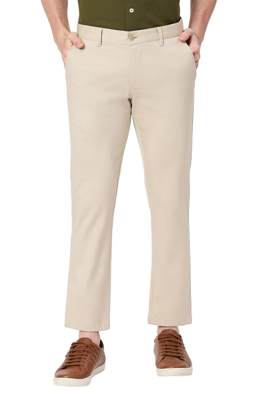 BASICS TAPERED FIT ALMOND STONE COTTON STRETCH DOBBY TROUSERS
