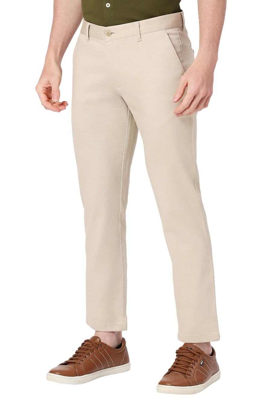 BASICS TAPERED FIT ALMOND STONE COTTON STRETCH DOBBY TROUSERS