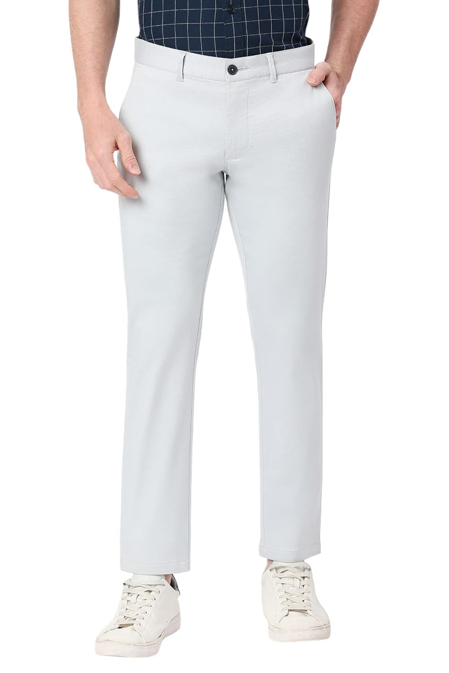 BASICS TAPERED FIT PEARL BLUE COTTON STRETCH DOBBY TROUSERS