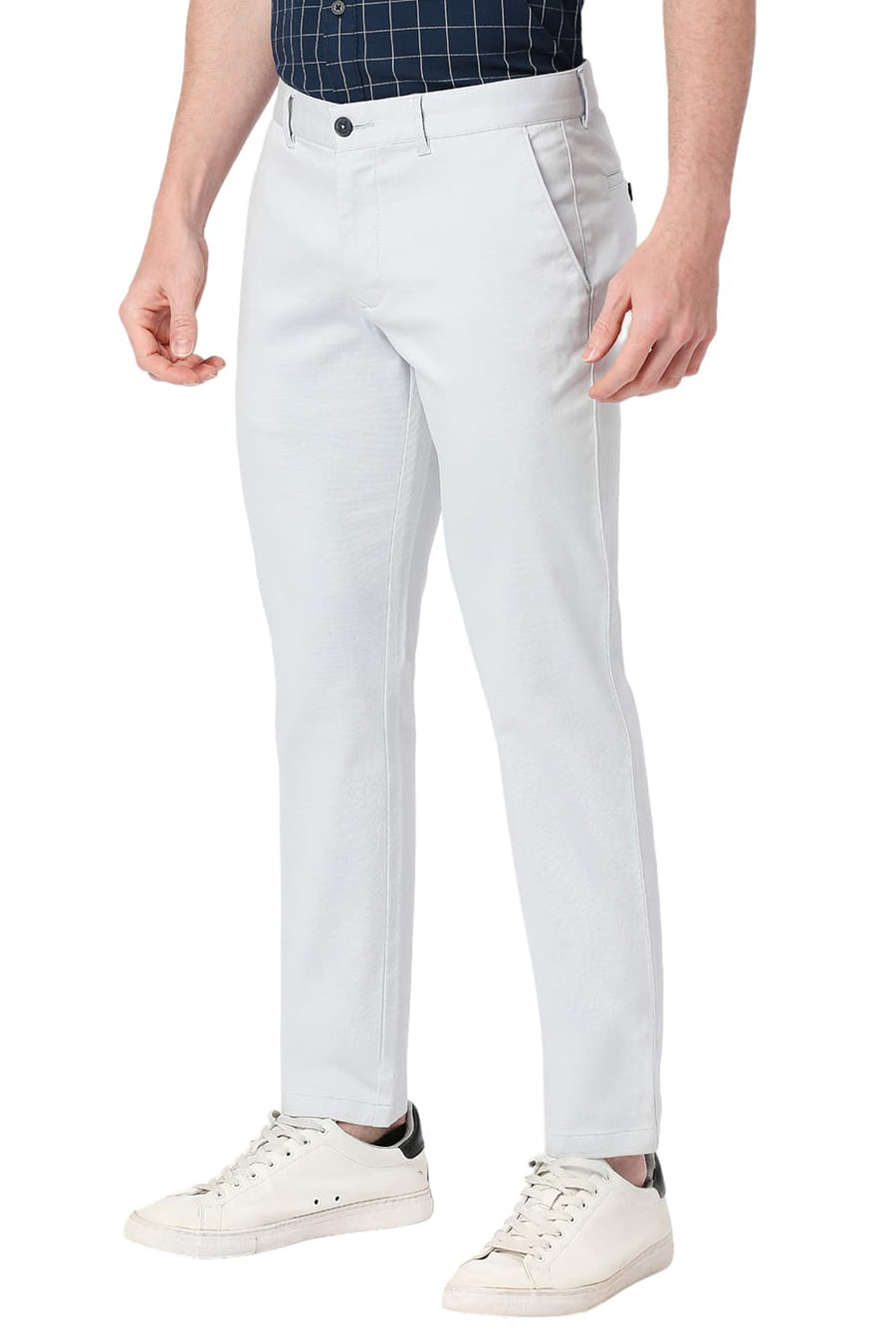 BASICS TAPERED FIT PEARL BLUE COTTON STRETCH DOBBY TROUSERS