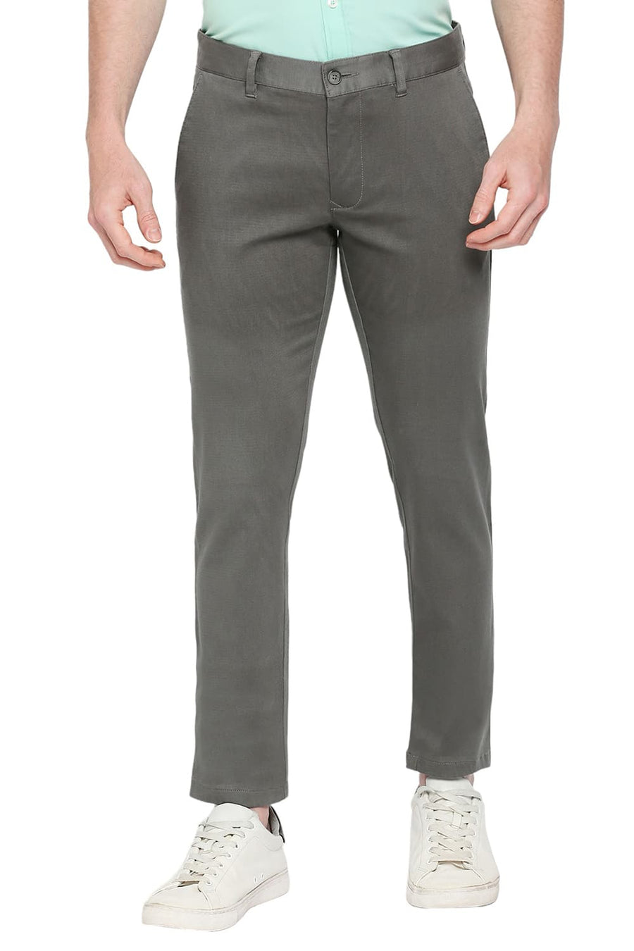 BASICS TAPERED FIT EBONY GREY COTTON STRETCH DOBBY TROUSERS