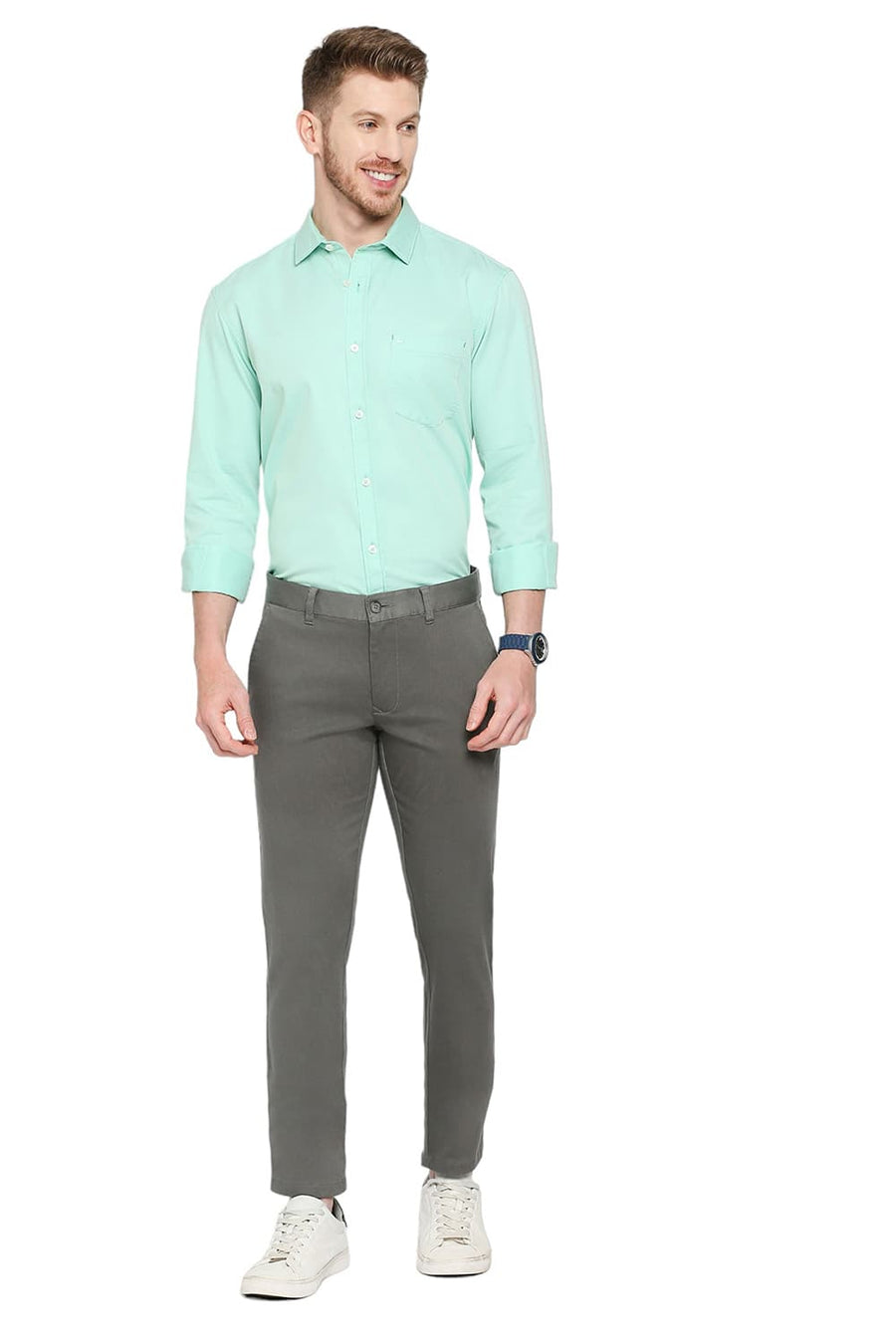 BASICS TAPERED FIT EBONY GREY COTTON STRETCH DOBBY TROUSERS