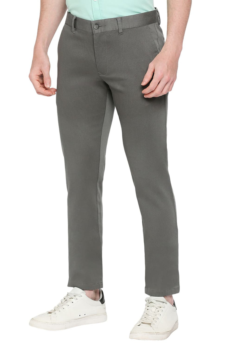 BASICS TAPERED FIT EBONY GREY COTTON STRETCH DOBBY TROUSERS