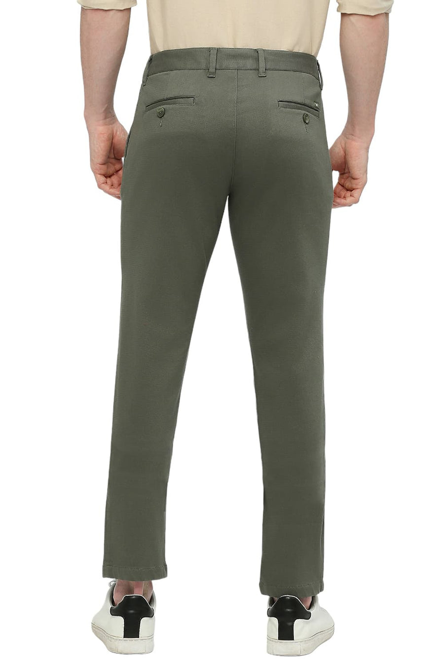 BASICS TAPERED FIT TRELLIS GREEN COTTON STRETCH DOBBY TROUSERS