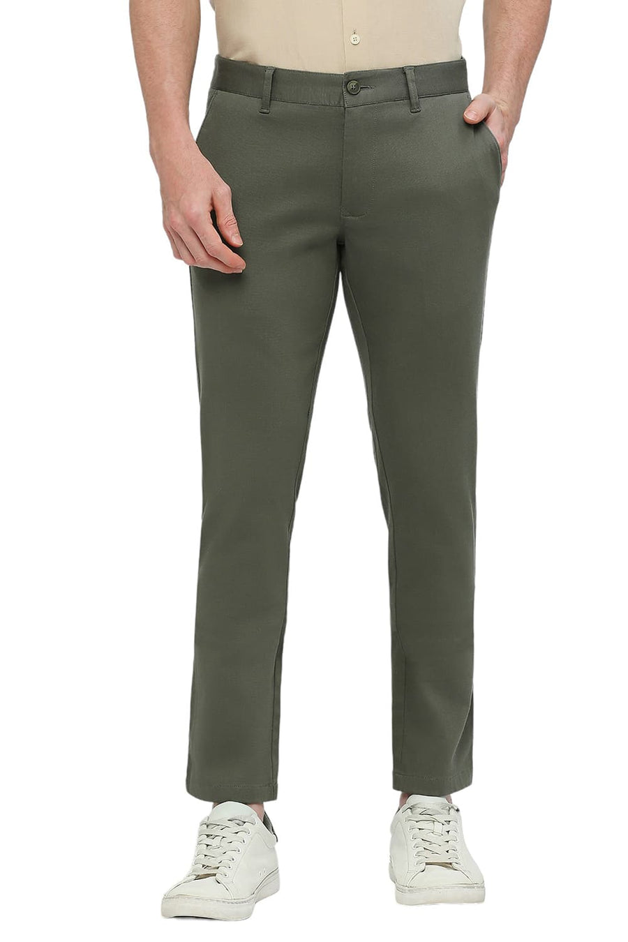 BASICS TAPERED FIT TRELLIS GREEN COTTON STRETCH DOBBY TROUSERS