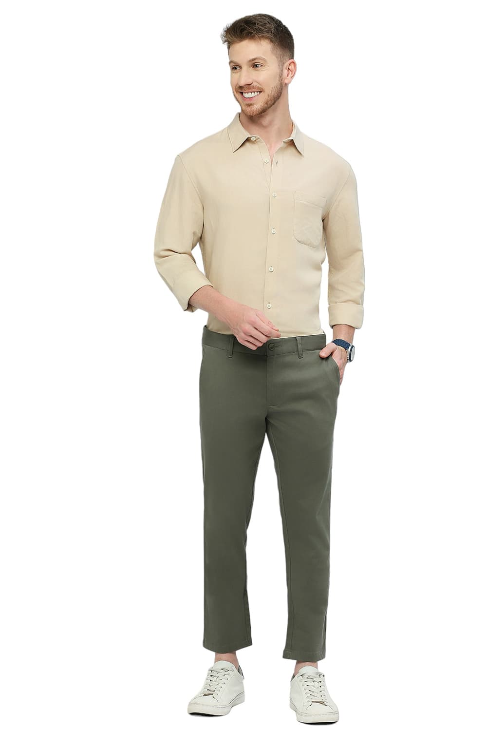 BASICS TAPERED FIT COTTON STRETCH DOBBY TROUSERS