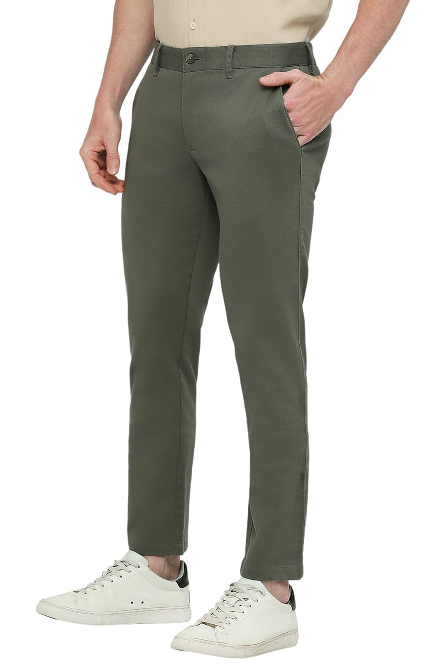 BASICS TAPERED FIT TRELLIS GREEN COTTON STRETCH DOBBY TROUSERS
