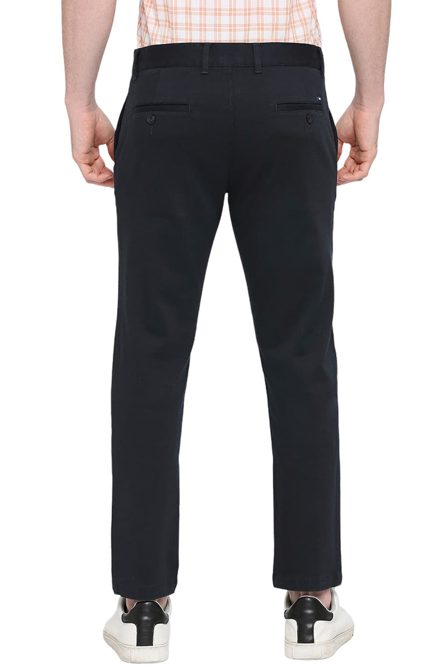 BASICS TAPERED FIT BLACK IRIS NAVY COTTON STRETCH DOBBY TROUSERS