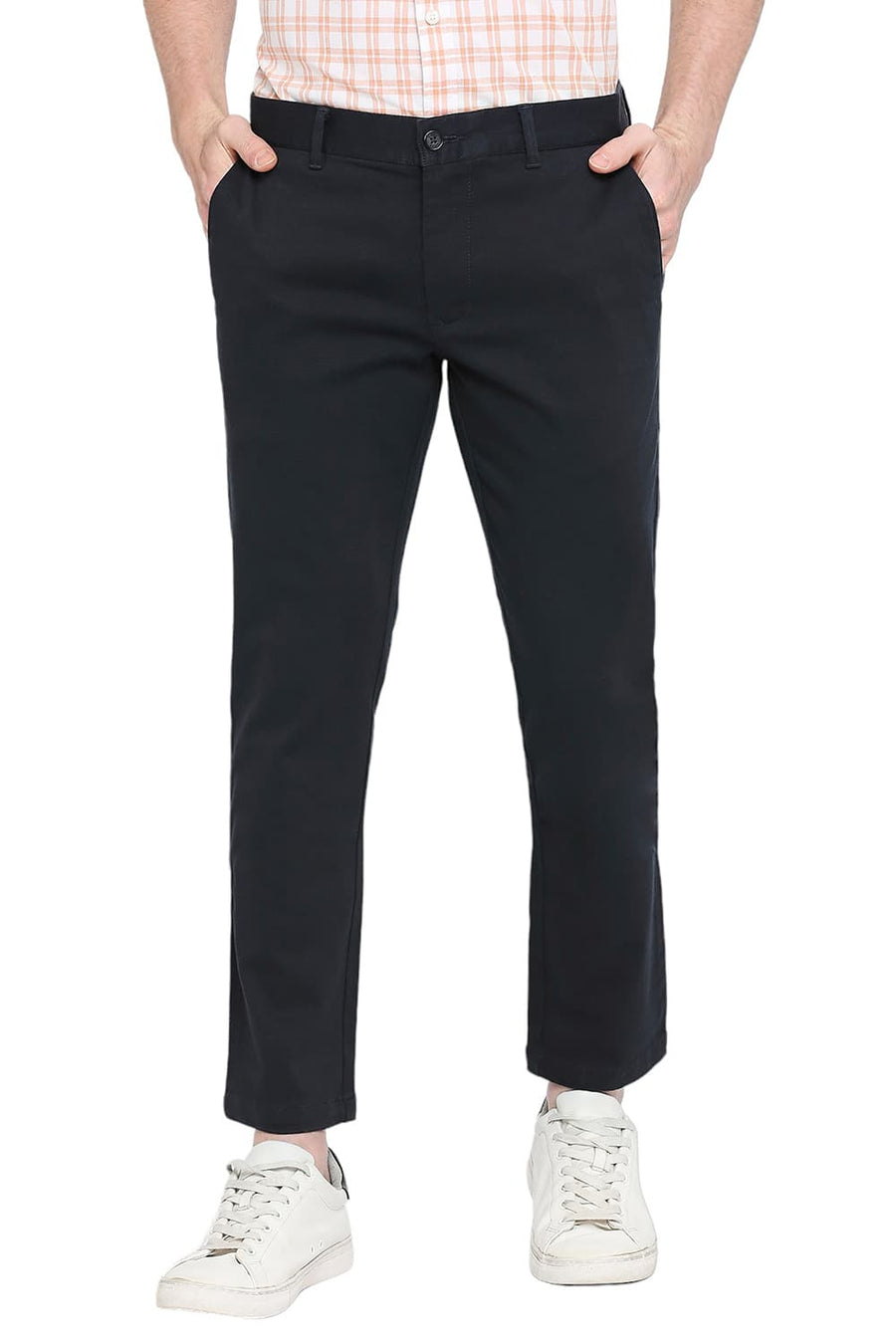 BASICS TAPERED FIT BLACK IRIS NAVY COTTON STRETCH DOBBY TROUSERS