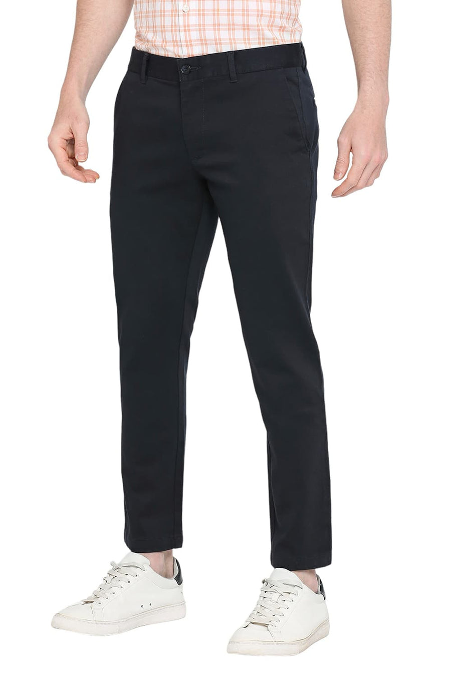 BASICS TAPERED FIT BLACK IRIS NAVY COTTON STRETCH DOBBY TROUSERS