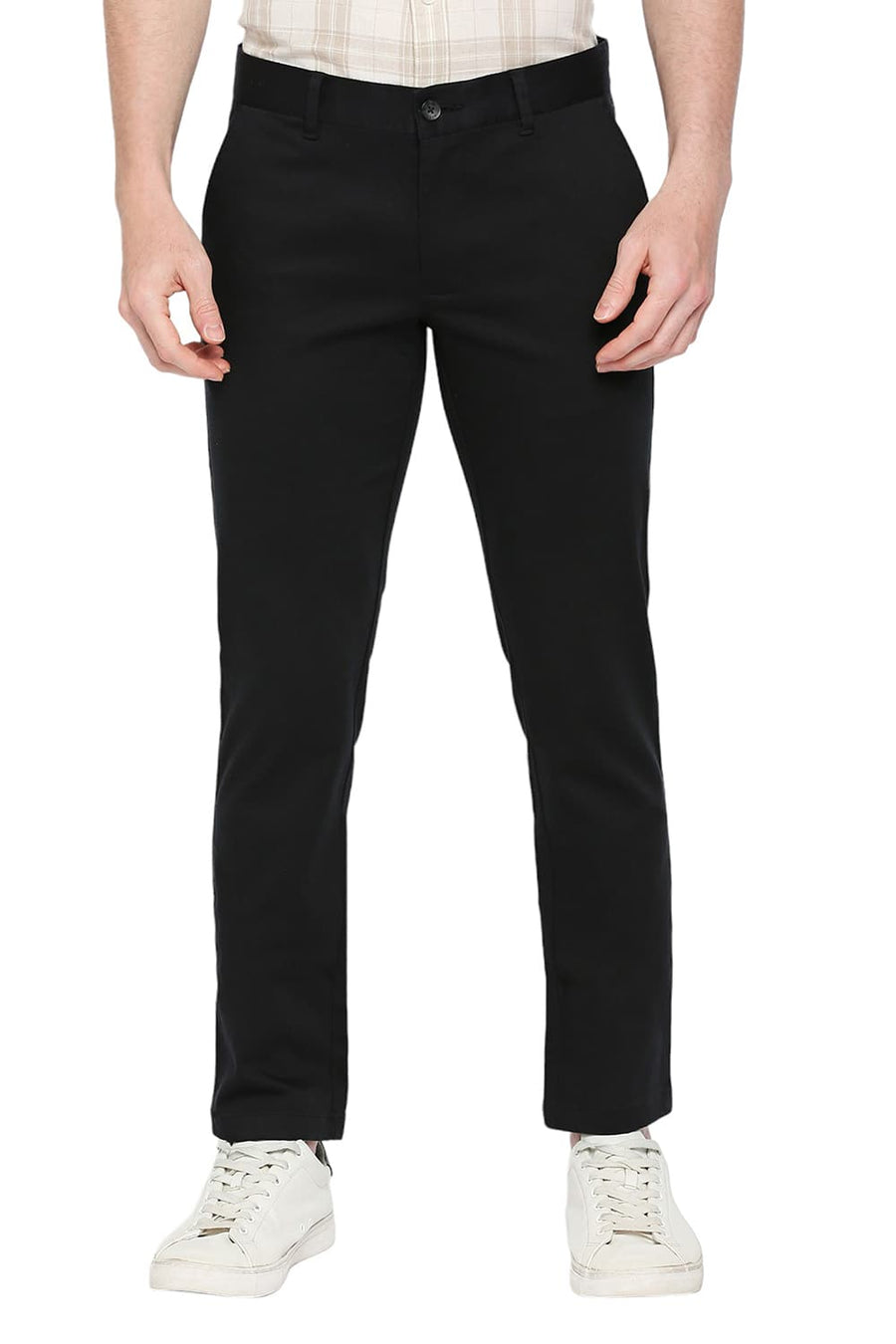 BASICS TAPERED FIT PHANTOM BLACK COTTON STRETCH DOBBY TROUSERS