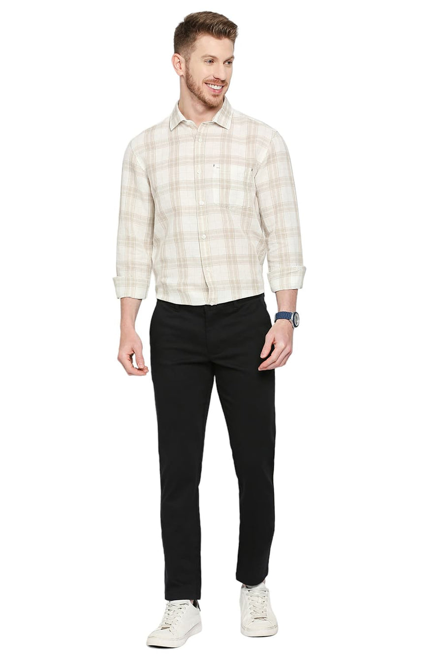 BASICS TAPERED FIT PHANTOM BLACK COTTON STRETCH DOBBY TROUSERS
