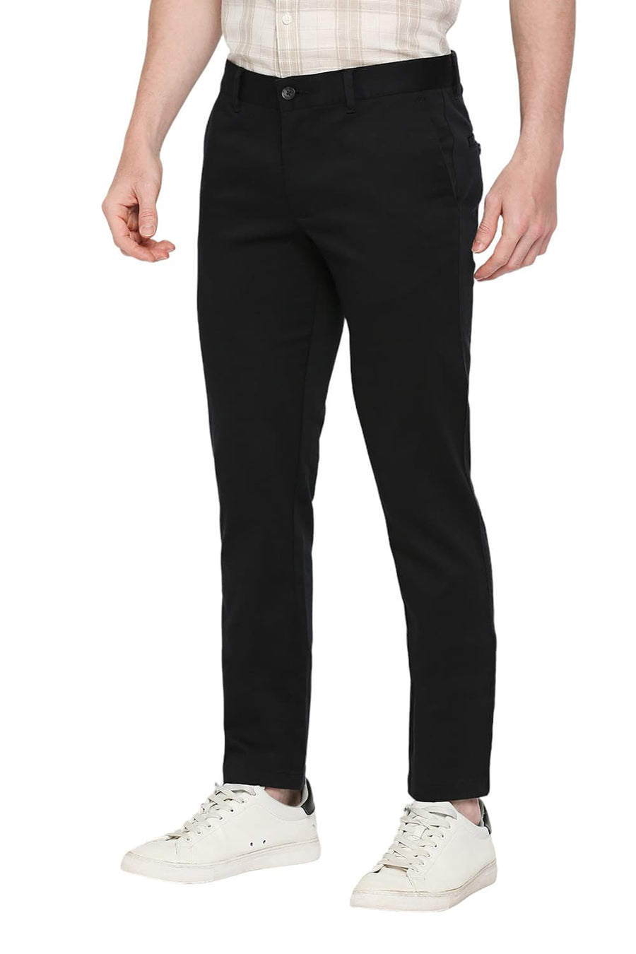 BASICS TAPERED FIT PHANTOM BLACK COTTON STRETCH DOBBY TROUSERS