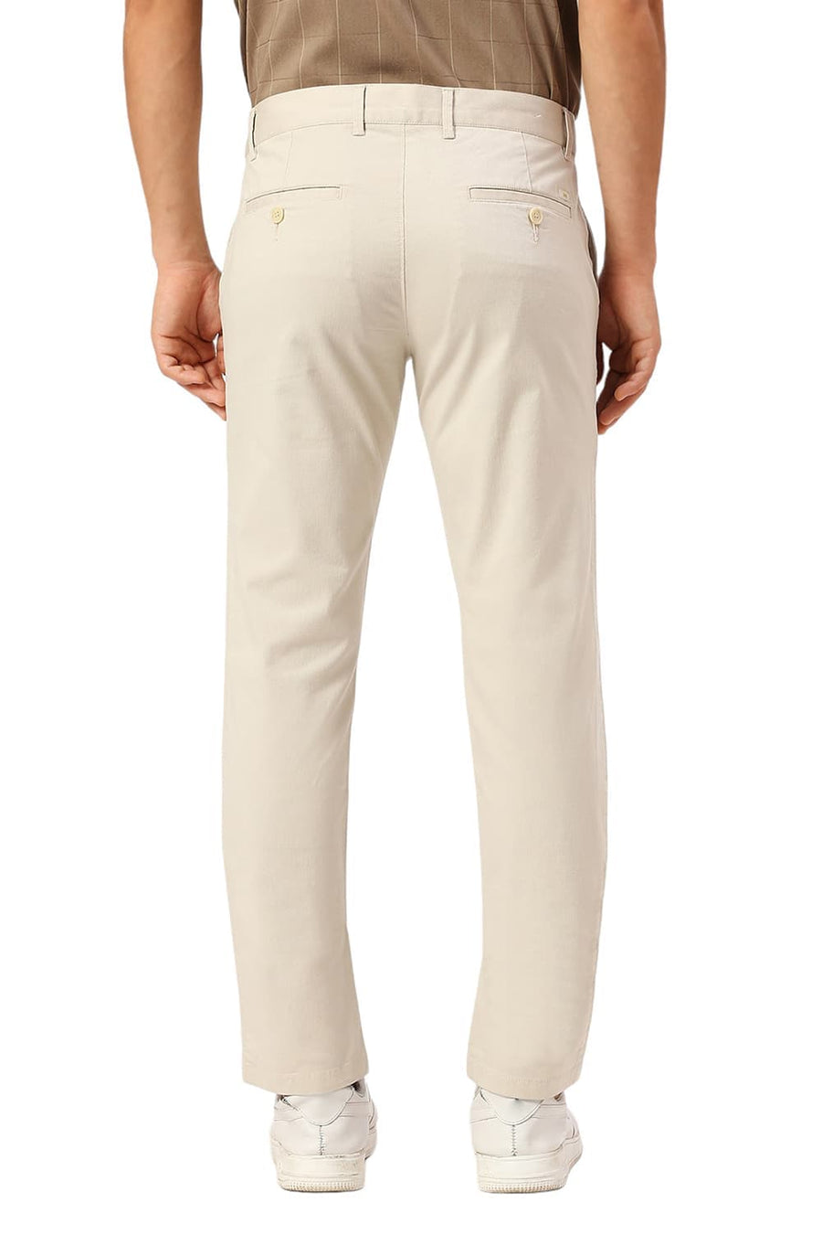 BASICS TAPERED FIT SAND BEIGE COTTON STRETCH DOBBY TROUSERS