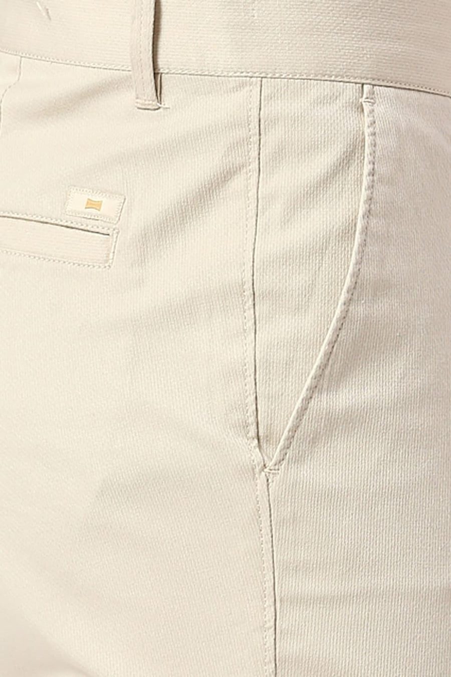 BASICS TAPERED FIT SAND BEIGE COTTON STRETCH DOBBY TROUSERS