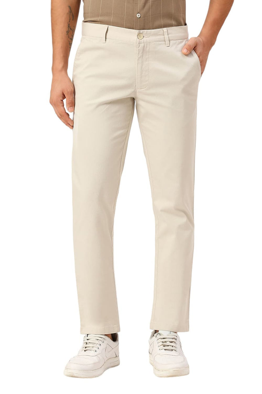 BASICS TAPERED FIT SAND BEIGE COTTON STRETCH DOBBY TROUSERS