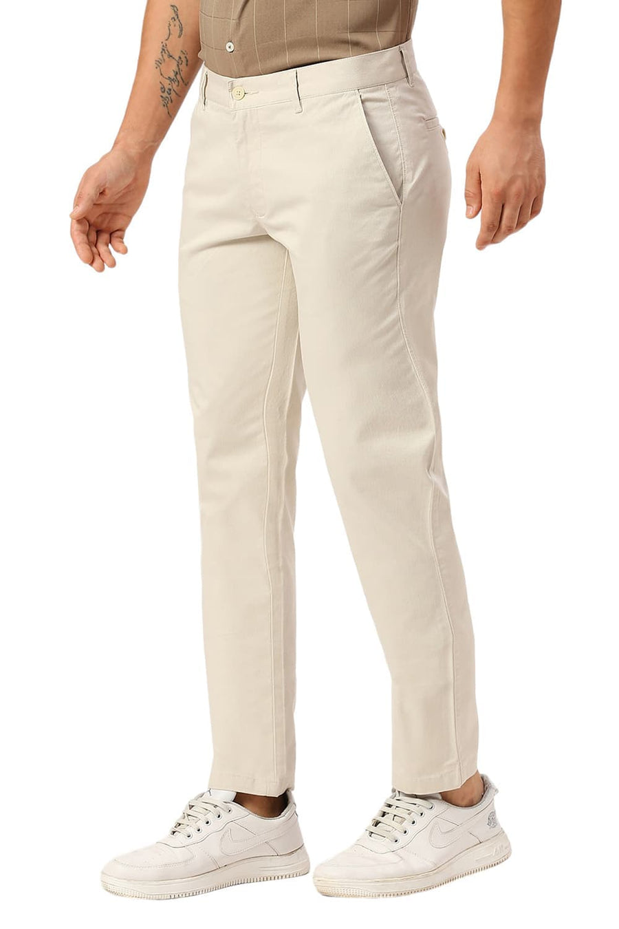 BASICS TAPERED FIT SAND BEIGE COTTON STRETCH DOBBY TROUSERS