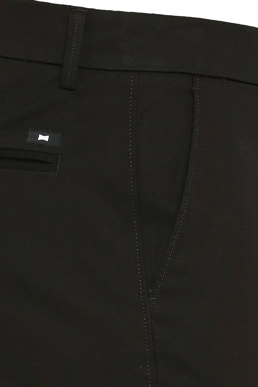 BASICS TAPERED FIT LICORICE BLACK COTTON STRETCH DOBBY TROUSERS