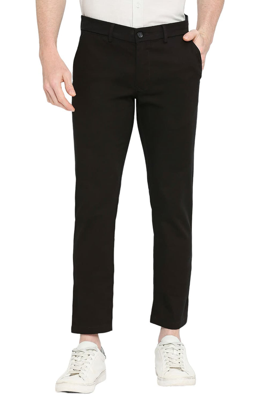 BASICS TAPERED FIT LICORICE BLACK COTTON STRETCH DOBBY TROUSERS