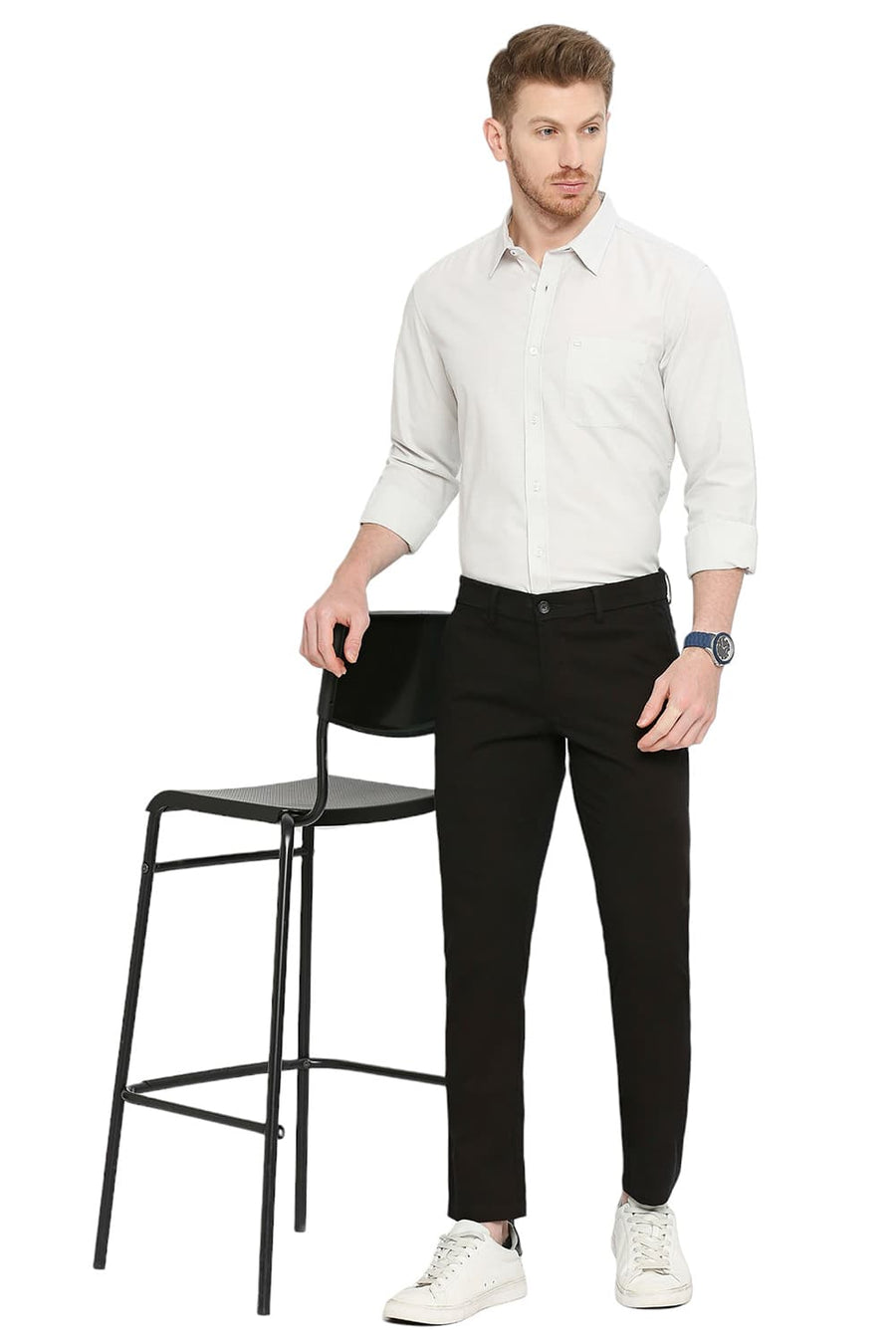 BASICS TAPERED FIT LICORICE BLACK COTTON STRETCH DOBBY TROUSERS