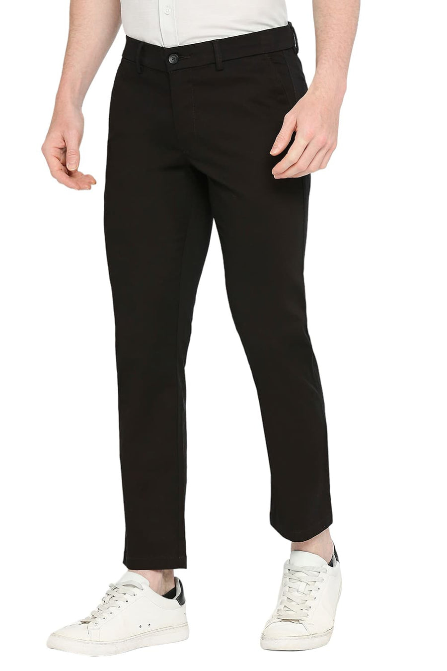 BASICS TAPERED FIT LICORICE BLACK COTTON STRETCH DOBBY TROUSERS