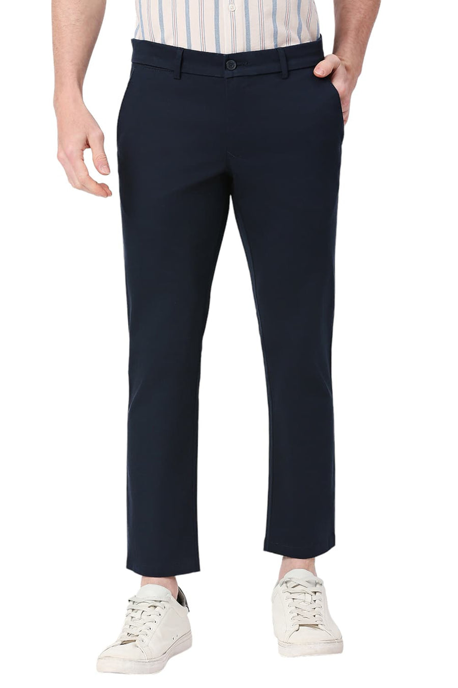 BASICS TAPERED FIT MOONLIT NAVY COTTON STRETCH DOBBY TROUSERS