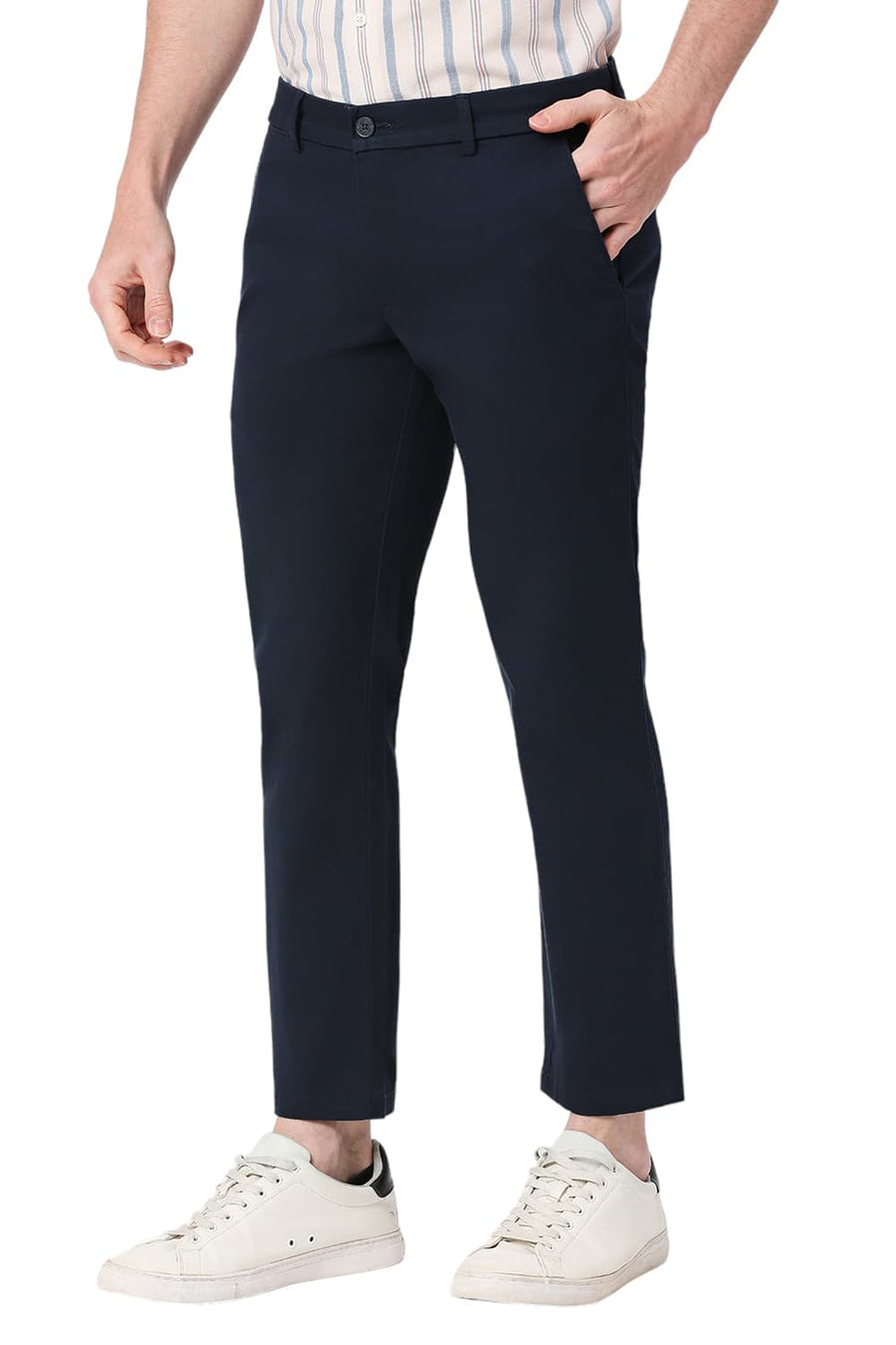 BASICS TAPERED FIT MOONLIT NAVY COTTON STRETCH DOBBY TROUSERS