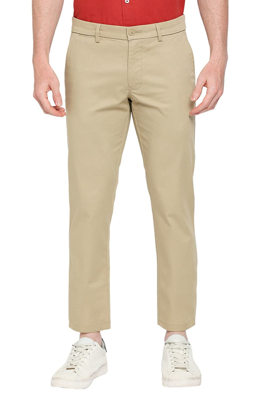 BASICS TAPERED FIT DUNE STONE COTTON STRETCH DOBBY TROUSERS