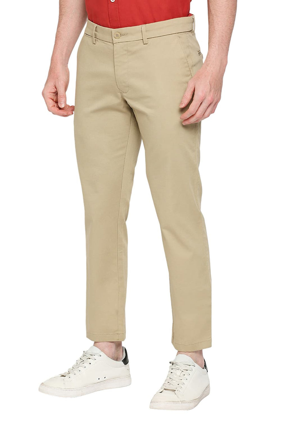 BASICS TAPERED FIT DUNE STONE COTTON STRETCH DOBBY TROUSERS